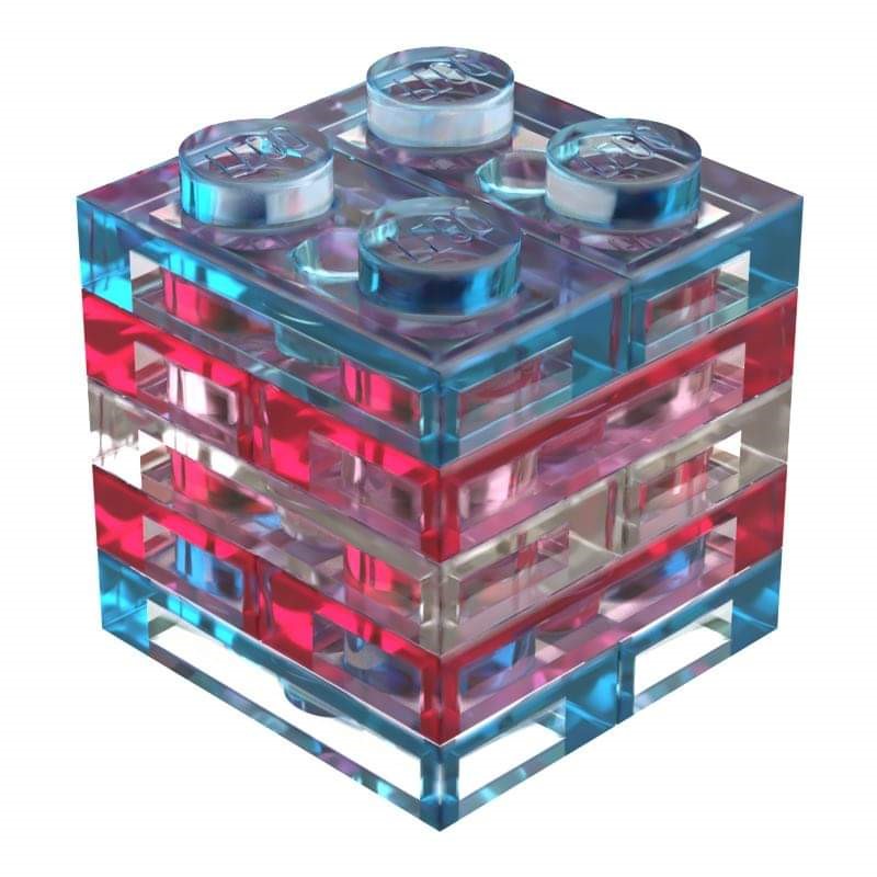 1x2 translucent LEGO plates stacked on top of each other, starting with blue, then pink, white, pink and blue to form the Transgender flag colours.